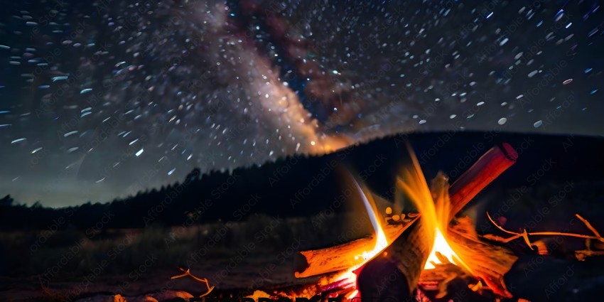 A nighttime scene of a campfire with stars in the background