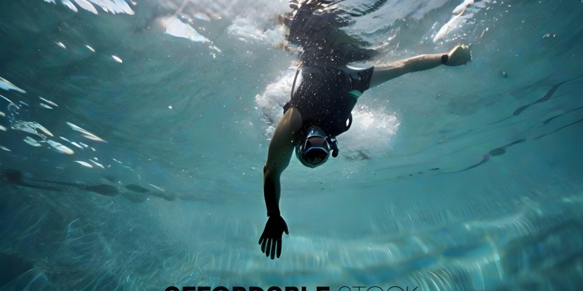 Diver in black wet suit swimming underwater