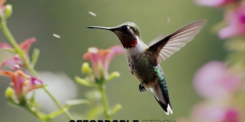 Hummingbird in flight with flower in background