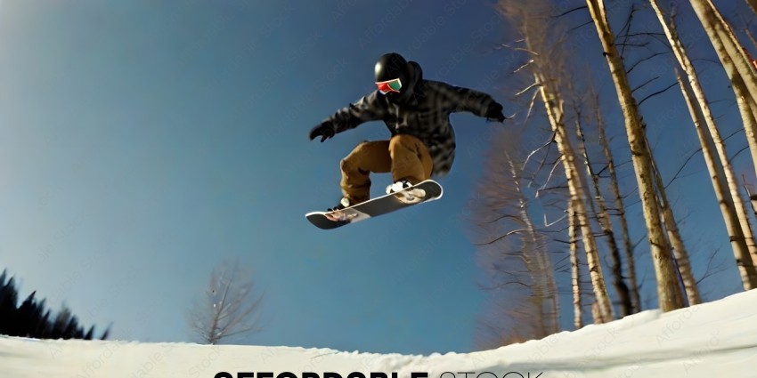 Snowboarder in mid-air, wearing a black and white checkered jacket