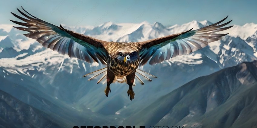 A hawk flying over a mountain range