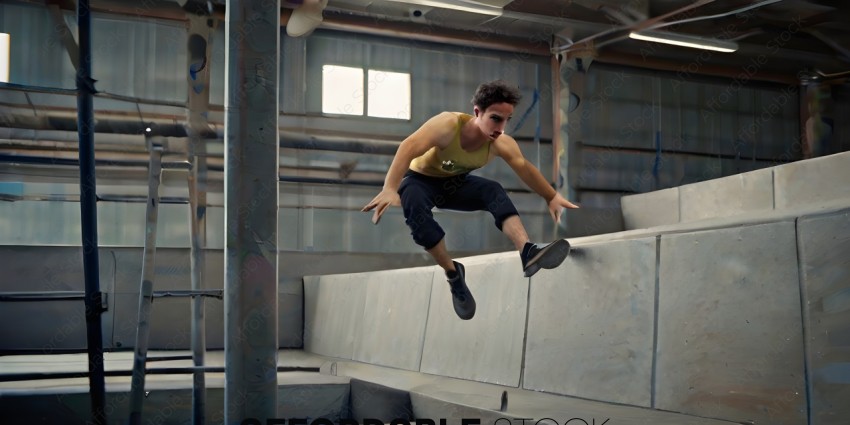 Man in yellow tank top jumping on a skateboard ramp