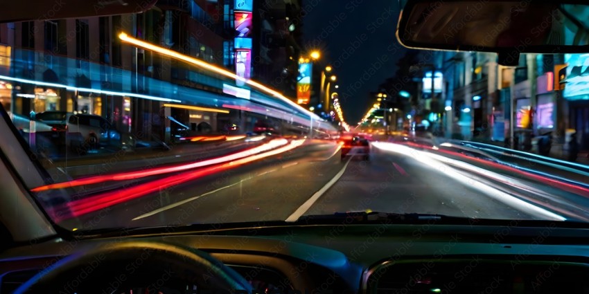 A blurry nighttime city street with a car driving down it
