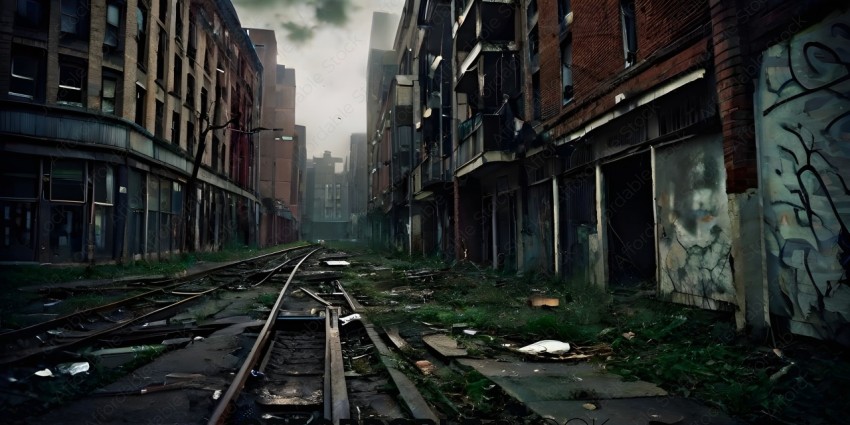 A city street with abandoned buildings and train tracks