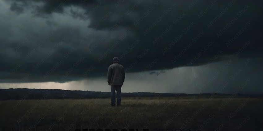 A man standing in a field looking at a stormy sky