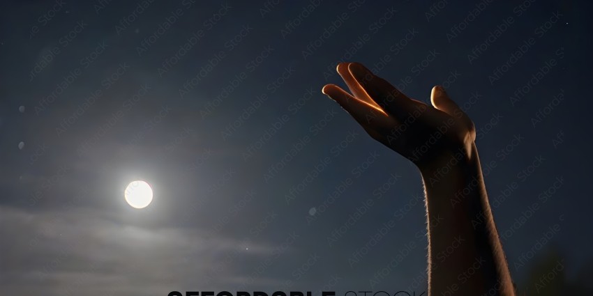 A person's hand is raised in the air with the moon in the background