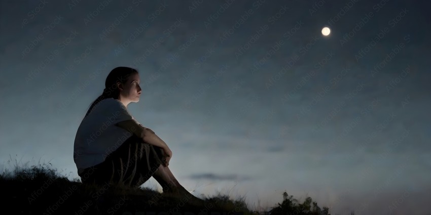 A woman sitting on a hill at night looking at the moon
