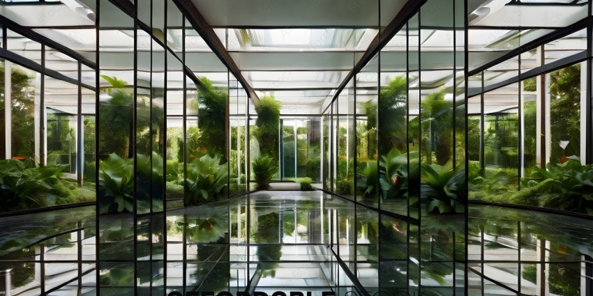 A reflection of a greenhouse with plants