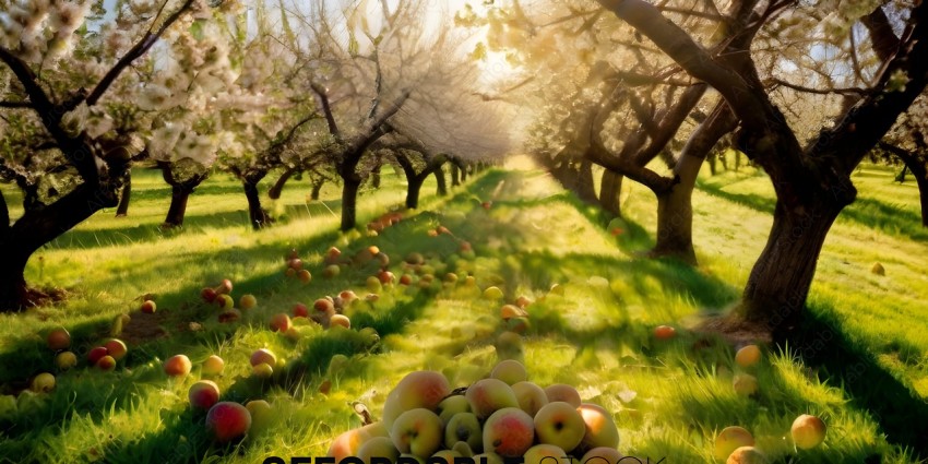 A field of apples with a path between them