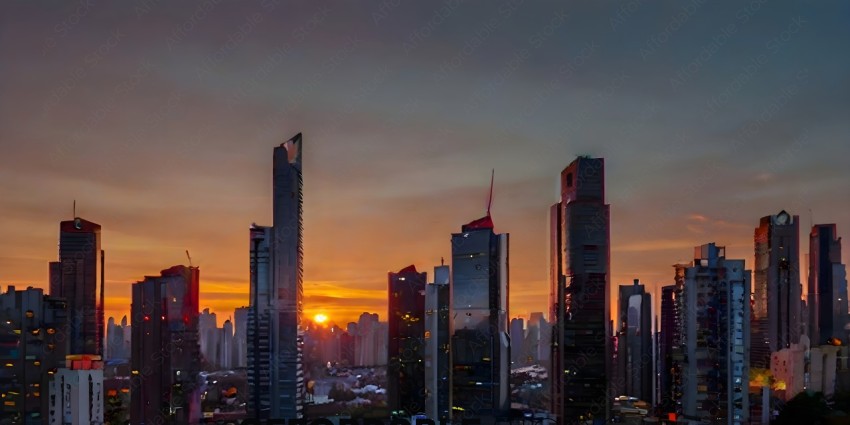 Tall buildings at sunset with a city skyline