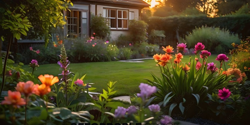 A beautiful garden with a sunset in the background