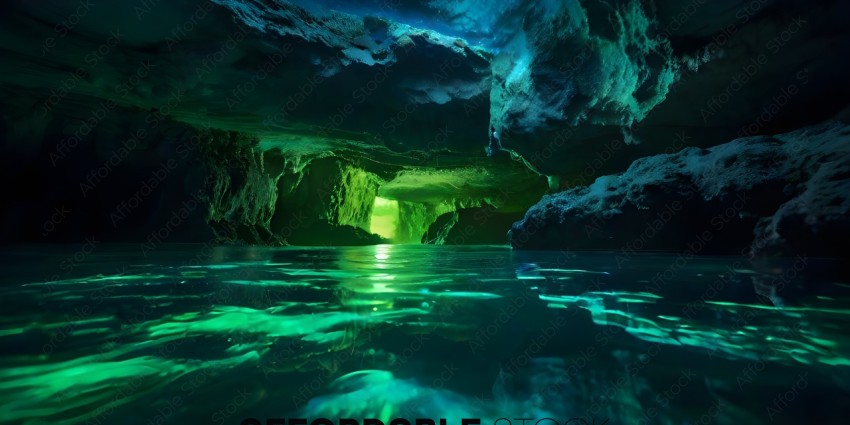 A dark cave with a green glow