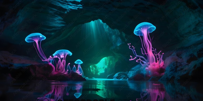 A group of mushrooms in a cave with a blue light