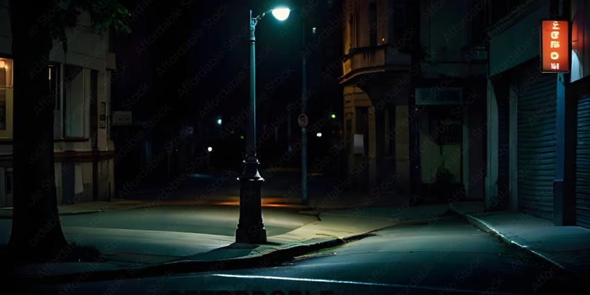 A street lamp on a sidewalk at night