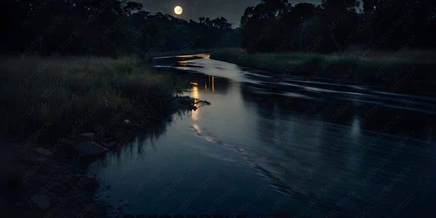 A river at night with a full moon