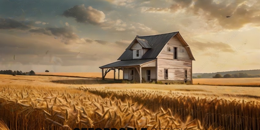 An old farmhouse sits in the middle of a field of wheat
