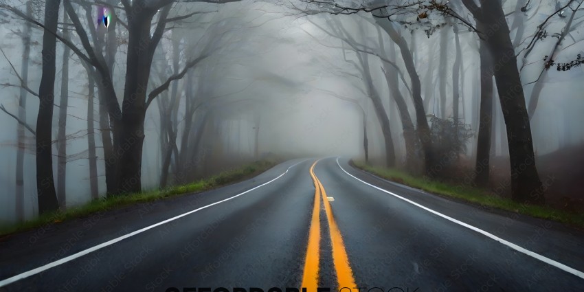 A foggy road with a yellow line