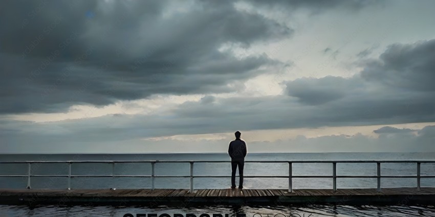 A man standing on a dock looking out at the ocean