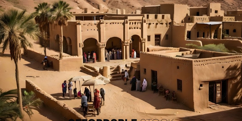 People in a desert village with a castle in the background