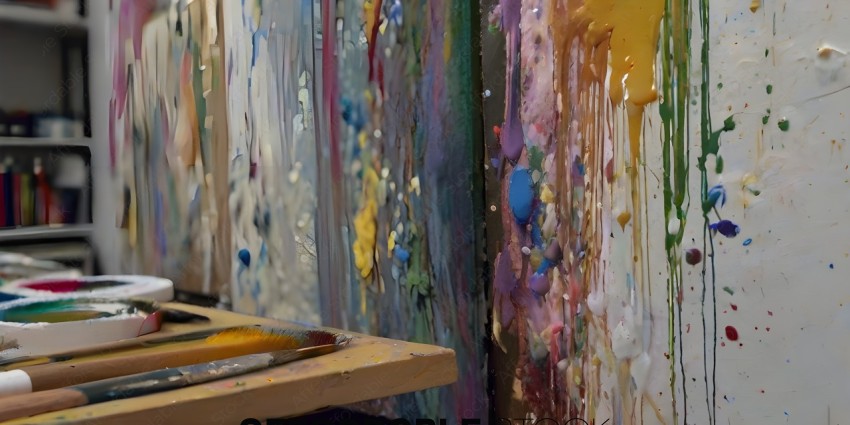 A wooden table with a yellow paintbrush and a messy painting