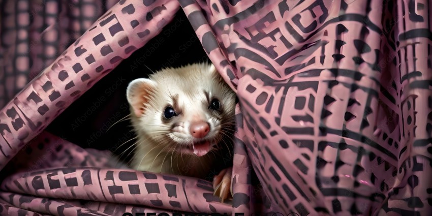 A small white and brown animal peeking out from a pink and black blanket