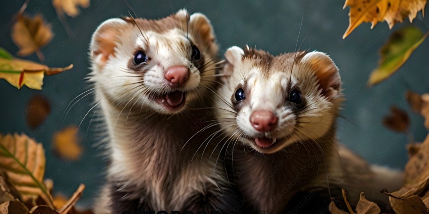 Two brown and white ferrets with their mouths open