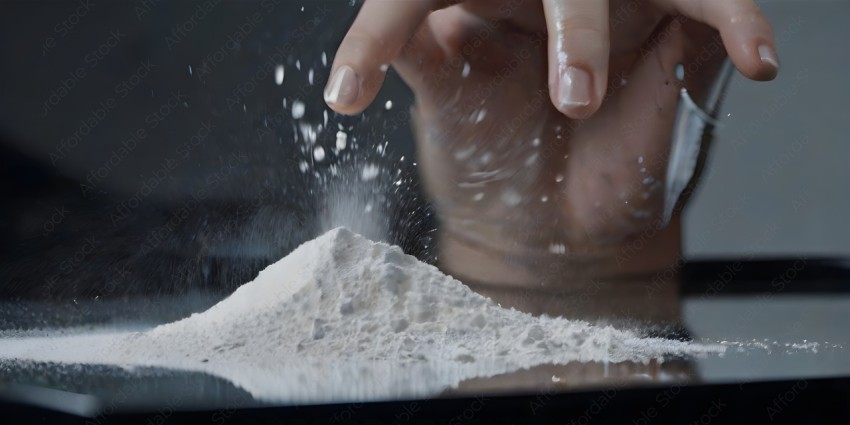 A person's hand is shaking a container of powder