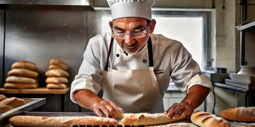 A chef in a white uniform making bread