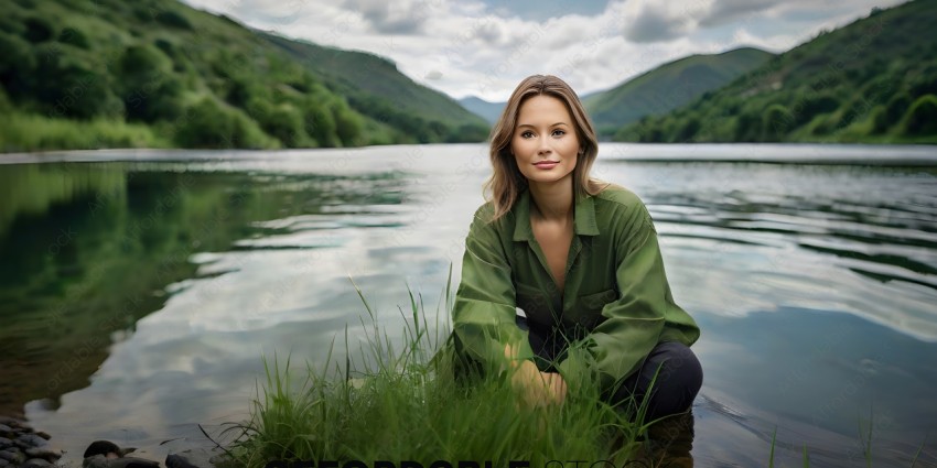 A woman in a green shirt and black pants kneels in the grass by a lake
