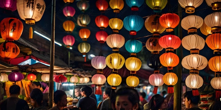 People in a crowded market with colorful lanterns
