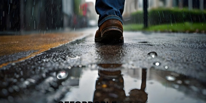 A person walking in the rain on a wet sidewalk
