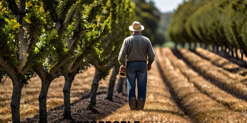 A man walking through a field of grape vines