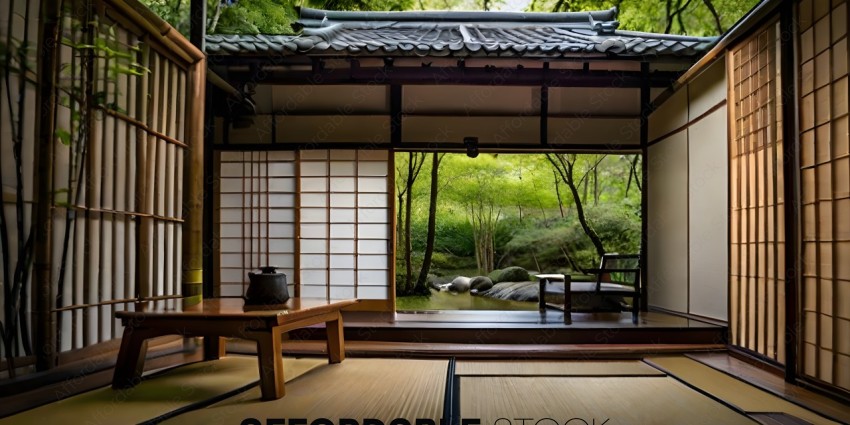 A Japanese style room with a view of a pond and trees