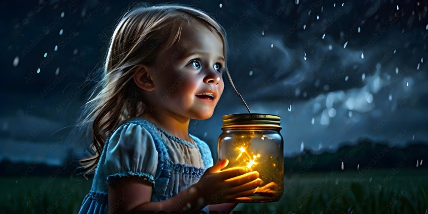 A little girl holding a jar with a light inside