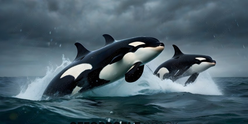 Two black and white whales in the ocean