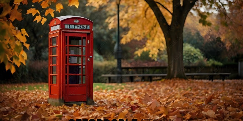 A red telephone booth in a park with leaves on the ground