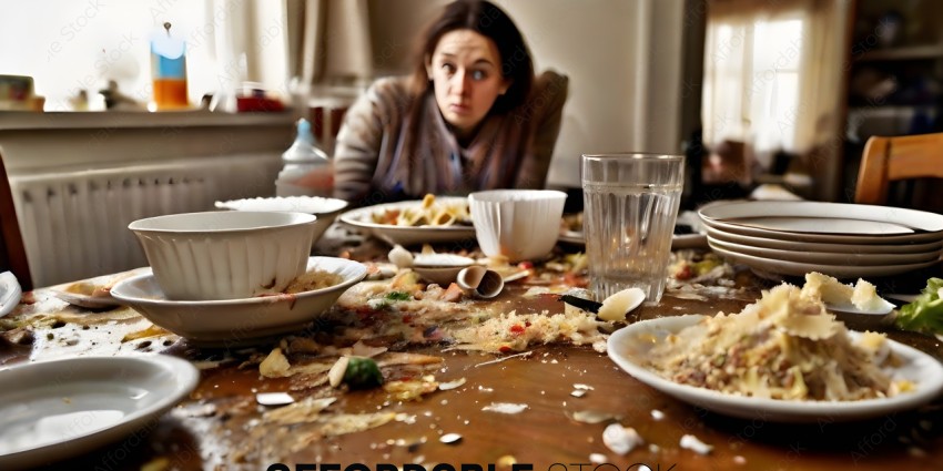 A messy table with a woman and a glass of water