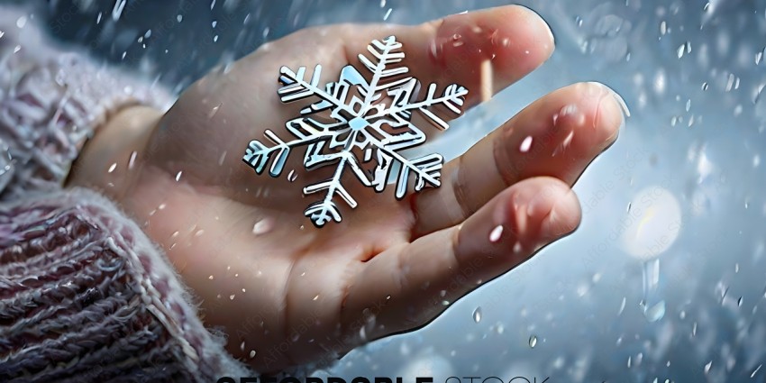 A person's hand holding a snowflake ornament
