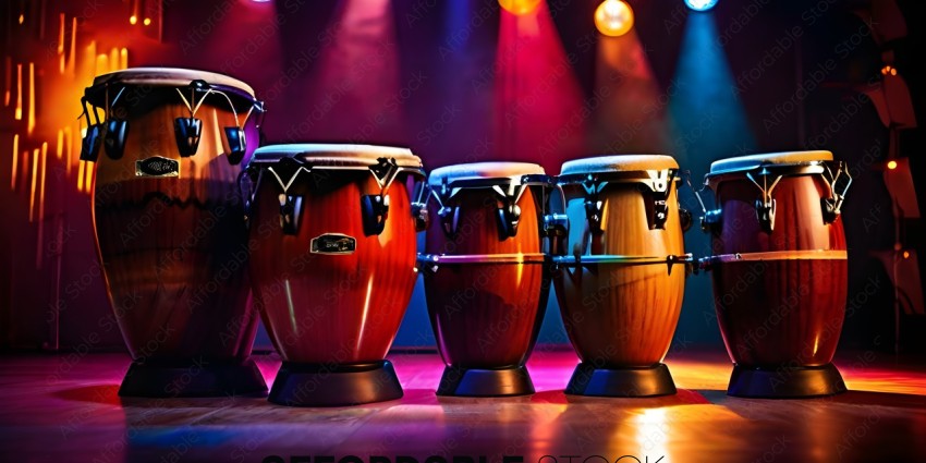 A row of drums with a blue background