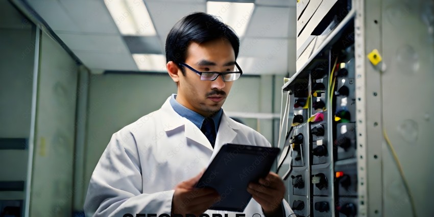 A man in a lab coat looking at a tablet