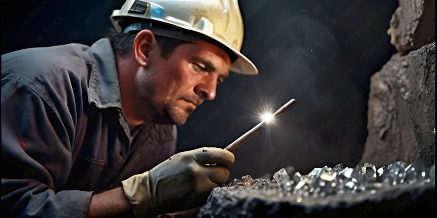 A man wearing a hard hat is looking at a piece of metal