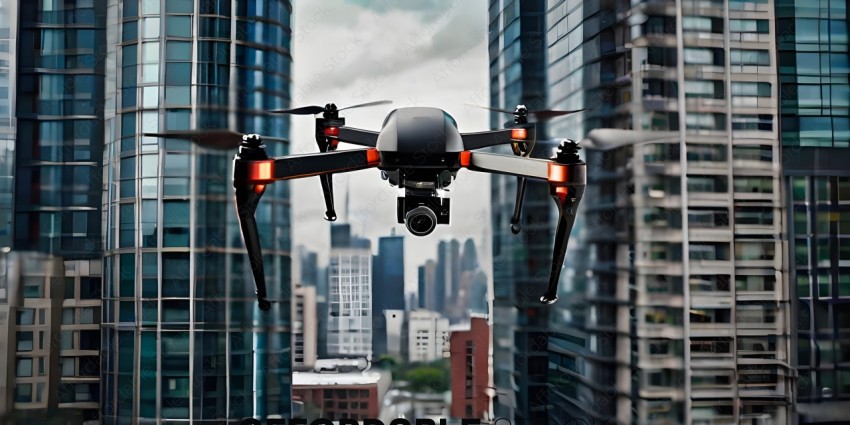 A drone flying over a city with a tall building in the background