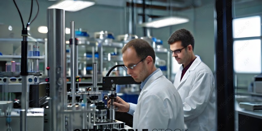 Two men in lab coats looking at a machine