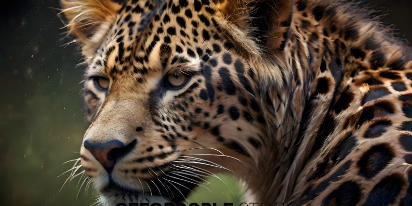 A close up of a cheetah's face with a green leaf in the foreground