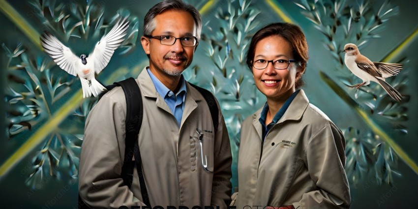 A man and a woman in matching jackets and glasses pose for a picture