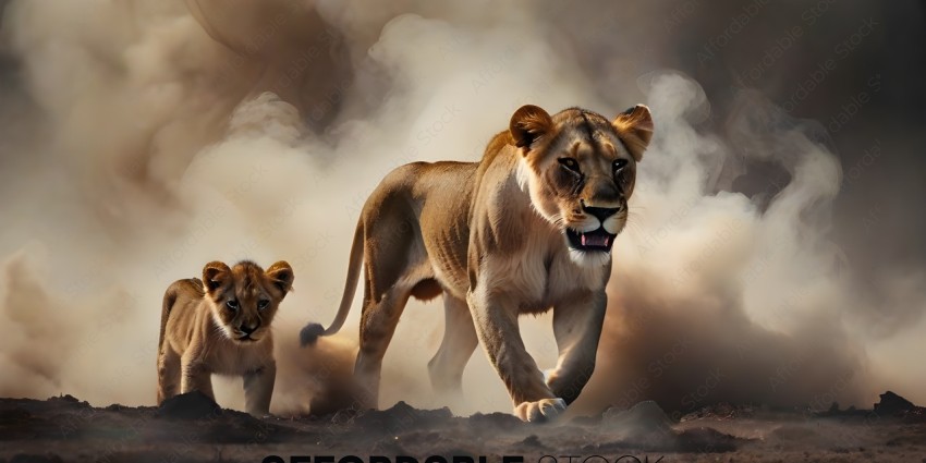 A mother lion and her cub walking through the dust