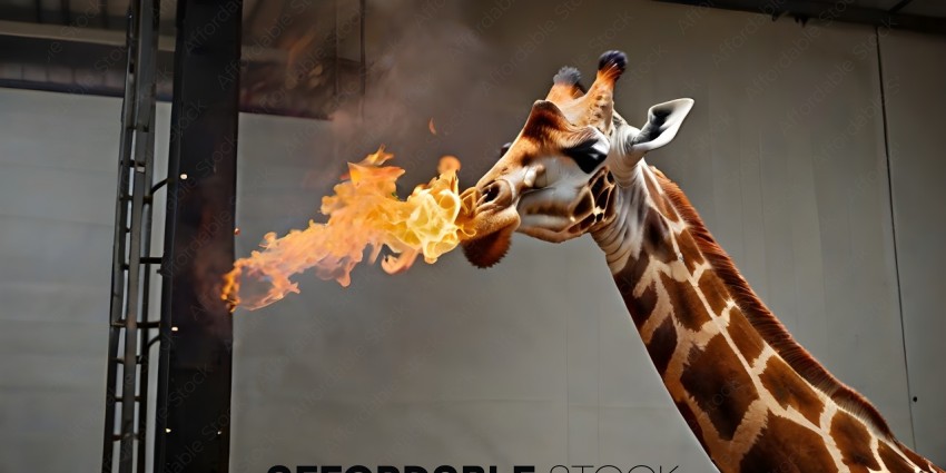A giraffe with a flaming tongue