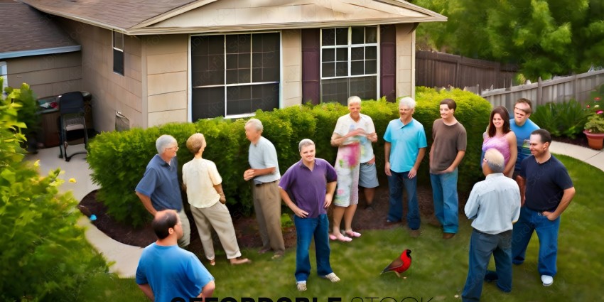 A group of people standing in front of a house with a red bird