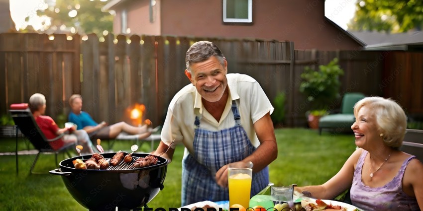 Man in apron grilling food and drinking orange juice