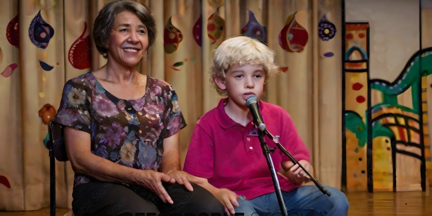 A woman and a child sitting together with a microphone between them